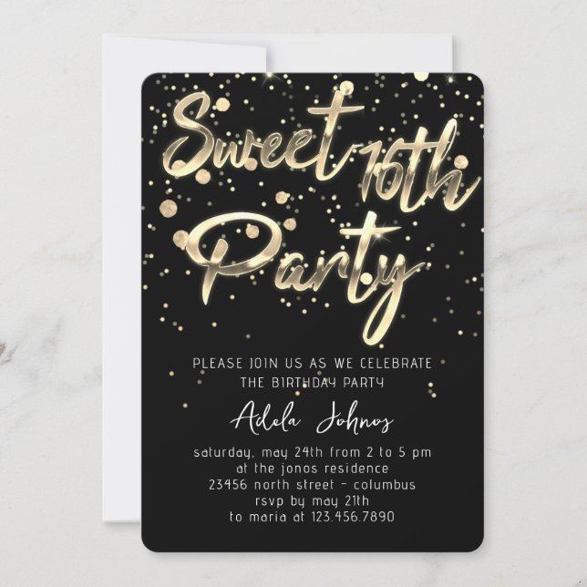 Invitation Sweet 16th Instant Download Black Gold Confetti (Devant)