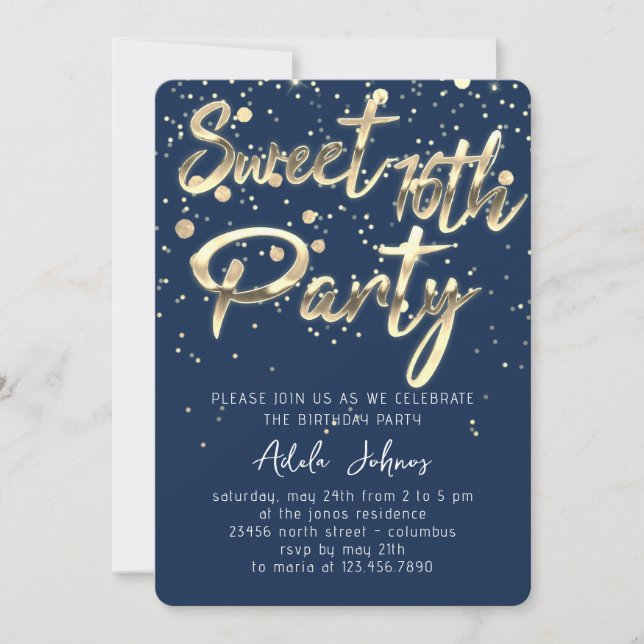 Invitation Sweet 16th Instant Télécharger Smoky Blue Navy Gol (Devant)