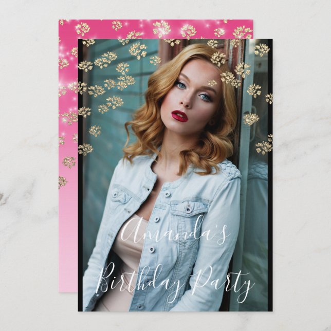 Invitation Sweet 16th Pink Flowers Gold Ombre photo Confetti (Devant / Derrière)