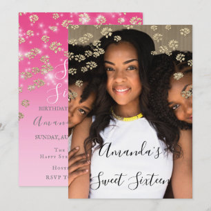 Invitation Sweet 16th Pink Flowers Gold Ombre Photo Grey