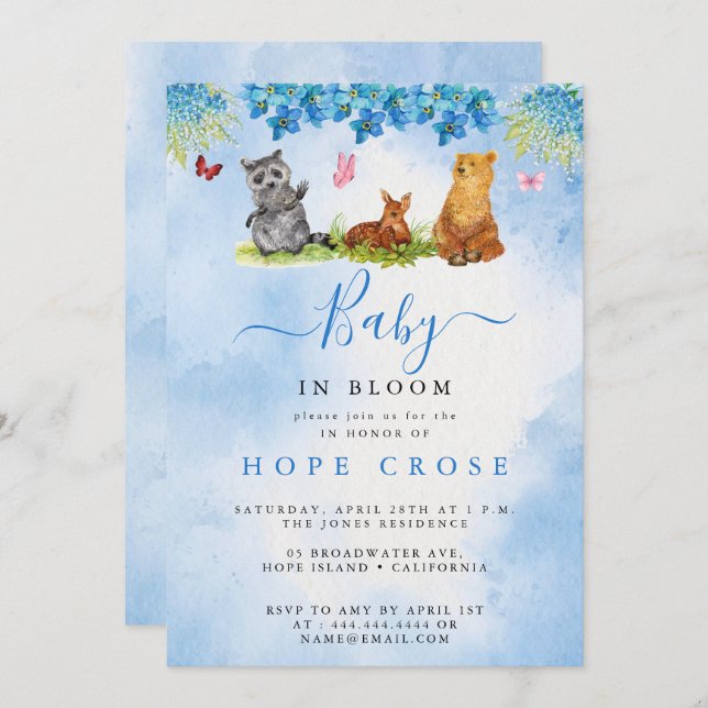 Invitation Sweet Animals Girl Baby in Bloom Baby shower (Devant / Derrière)