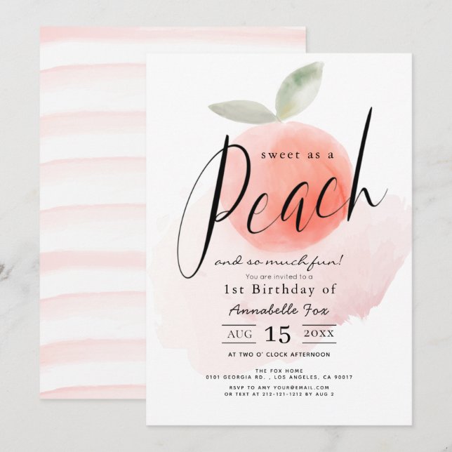 Invitation Sweet as a Peach Aquarelle 1er anniversaire (Devant / Derrière)