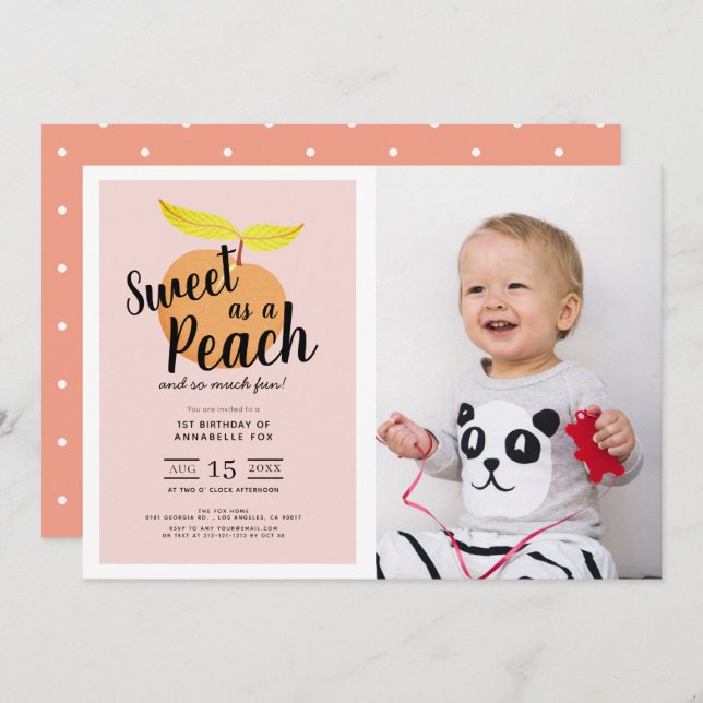 Invitation Sweet as a Peach Cute Girl Photo1st Birthday (Devant / Derrière)