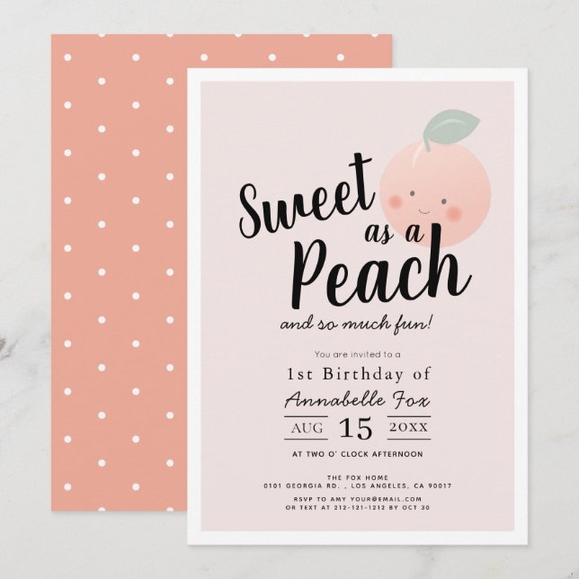 Invitation Sweet as a Peach Cute Kawaii Fille 1er anniversair (Devant / Derrière)