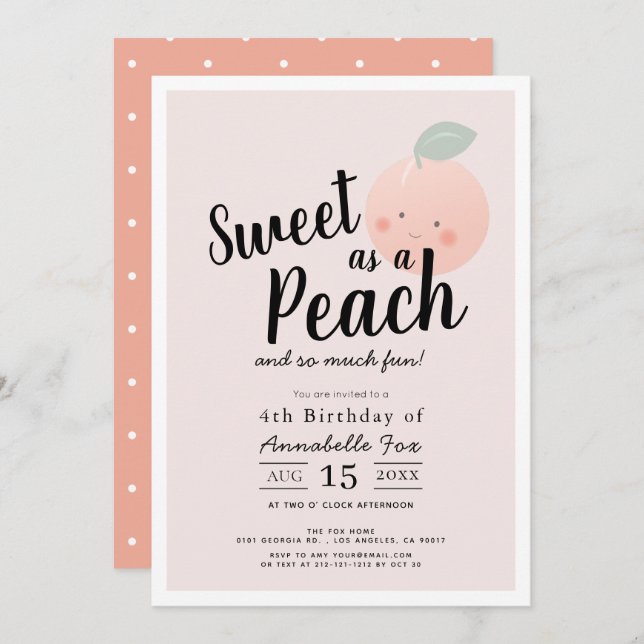 Invitation Sweet as a Peach Cute Kawaii Girl Birthday (Devant / Derrière)