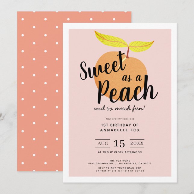 Invitation Sweet as a Peach Cute Retro Girl 1er anniversaire (Devant / Derrière)