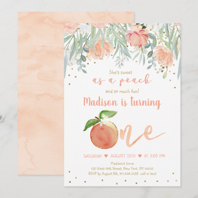 Invitation Sweet As A Peach Floral Gold Premier Anniversaire (Devant / Derrière)