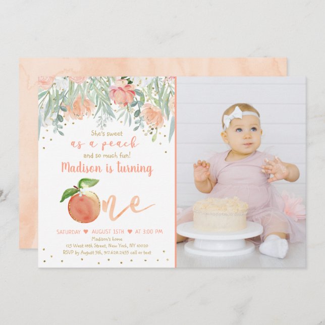 Invitation Sweet As A Peach Floral Gold Premier Anniversaire (Devant / Derrière)