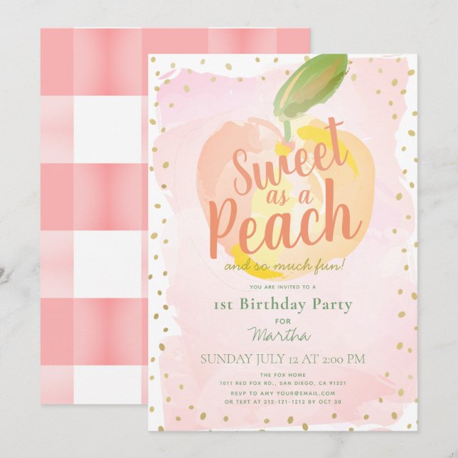 Invitation Sweet as a Peach Pink Girl 1er anniversaire (Devant / Derrière)