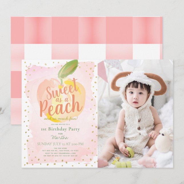 Invitation Sweet as a Peach Pink Girl Photo 1er anniversaire (Devant / Derrière)