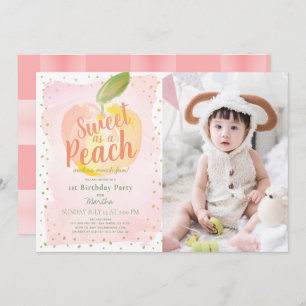 Invitation Sweet as a Peach Pink Girl Photo 1er anniversaire