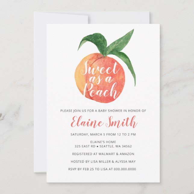 Invitation Sweet as a Peach Sexe Baby shower neutre (Devant)