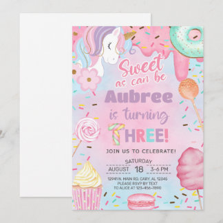 Invitation Sweet as can be girl Unicorn 3rd birthday invite.