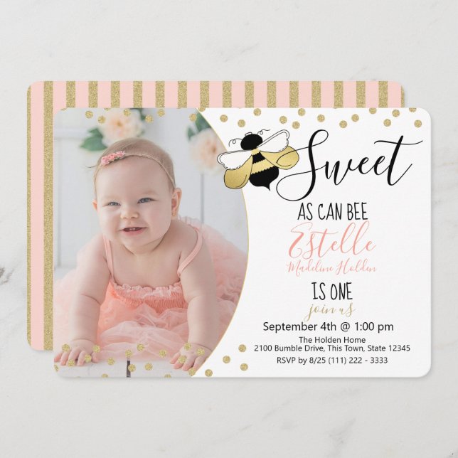 Invitation Sweet as can Bee 1st Birthday Party Photo (Devant / Derrière)