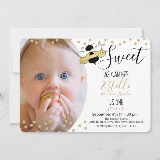 Invitation Sweet as can Bee 1st Birthday Party Photo (Devant)