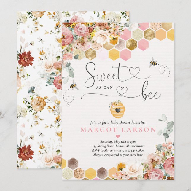Invitation Sweet As Can Bee Boho Baby shower Fleur sauvage (Devant / Derrière)