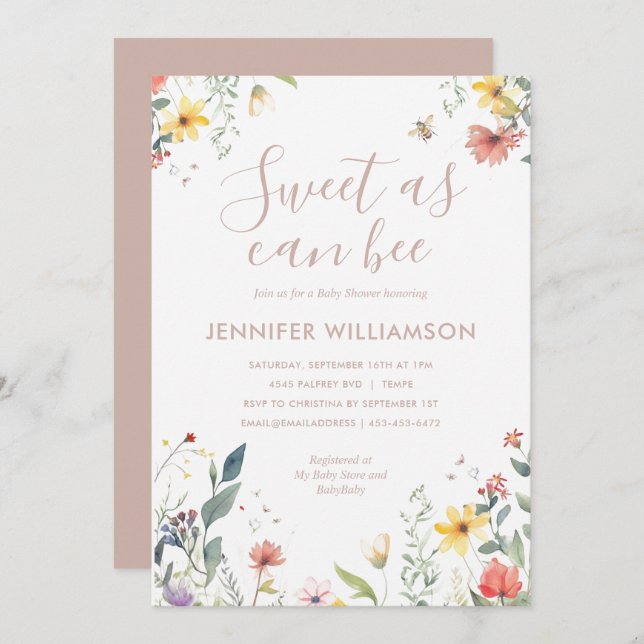 Invitation Sweet As Can Bee Fleur sauvage Girl Baby shower (Devant / Derrière)