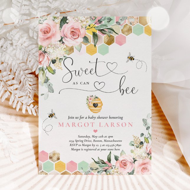 Invitation Sweet As Can Bee Greenery Baby shower rose & or (Créateur téléchargé)