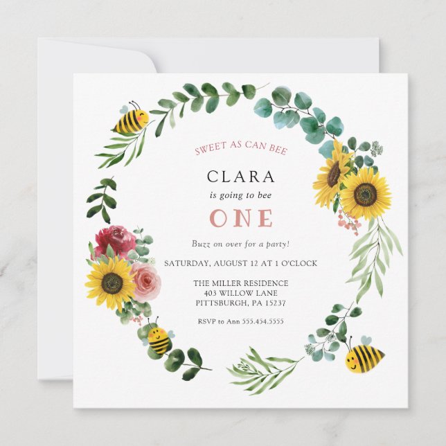 Invitation Sweet As Can Bee Pink Sunflower Anniversaire (Devant)