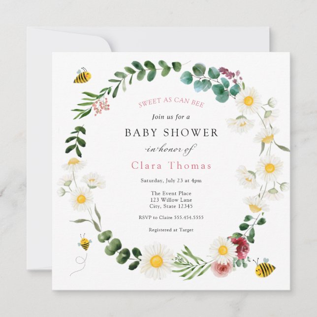 Invitation Sweet As Can Bee Rose Flower and Daisy Baby shower (Devant)