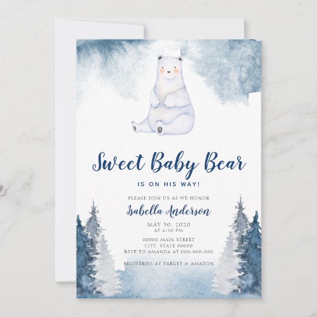 Invitation Sweet Baby Bear Hiver Neige Bleu Baby shower garço (Devant)