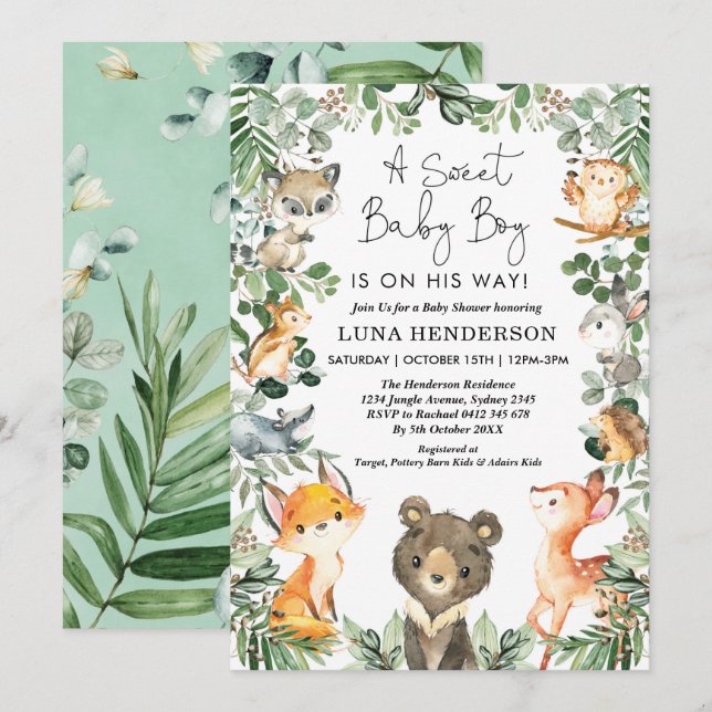 Invitation Sweet Baby Boy Boy Bois Forêt Animaux Baby shower (Devant / Derrière)