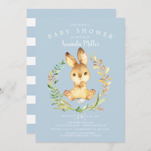 Invitation Sweet Baby Boy Bunny Baby shower (Devant / Derrière)