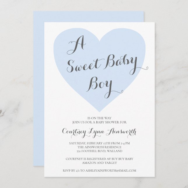 Invitation Sweet Baby Boy Cute Pastel Baby shower de coeur bl (Devant / Derrière)