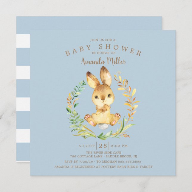 Invitation Sweet Baby Bunny Boys Baby shower (Devant / Derrière)