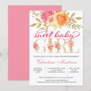 Invitation Sweet Baby Girl Automne Baby shower floral rose