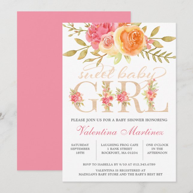 Invitation Sweet Baby Girl Automne Baby shower floral rose (Devant / Derrière)