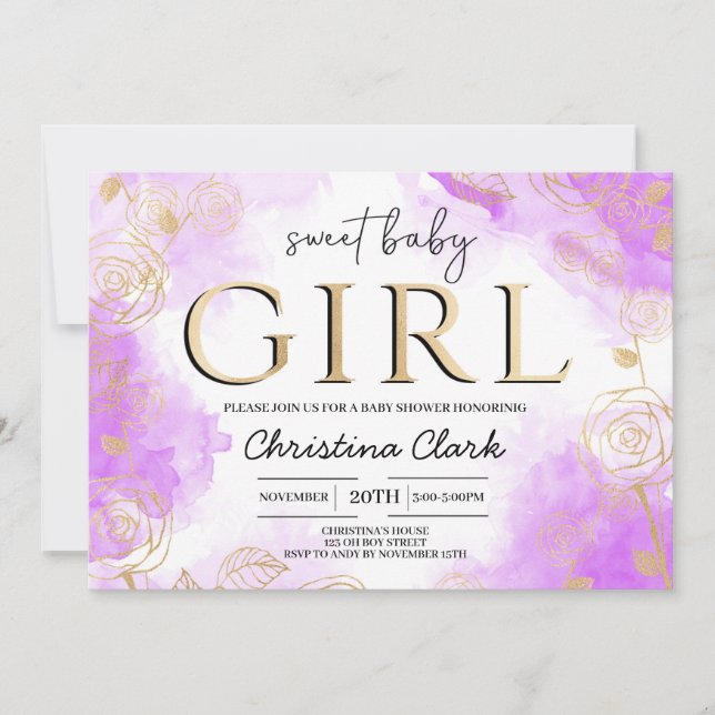 Invitation Sweet Baby Girl Baby shower Purple Gold Elegant (Devant)