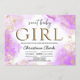Invitation Sweet Baby Girl Baby shower Purple Gold Elegant