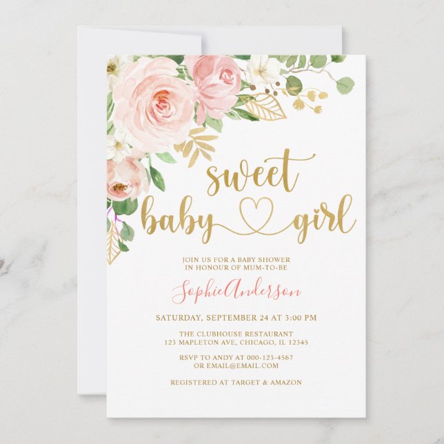 Invitation Sweet Baby Girl Blush Rose or Baby shower floral (Devant)