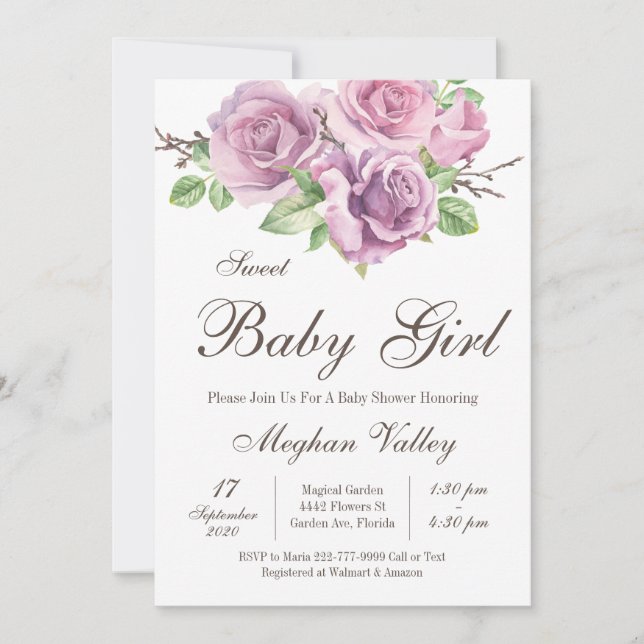 Invitation Sweet Baby Girl Douche Invitations, Fleurs violett (Devant)