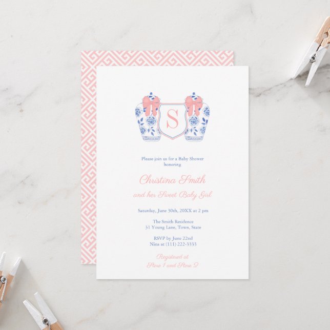 Invitation Sweet Baby Girl Monogram Ginger Jar Baby shower (Devant/Arrière en situation)