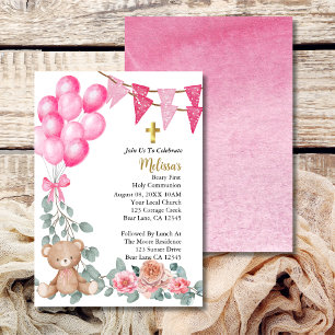 Invitation Sweet Baby Girl Pink Balloon Première communion sa