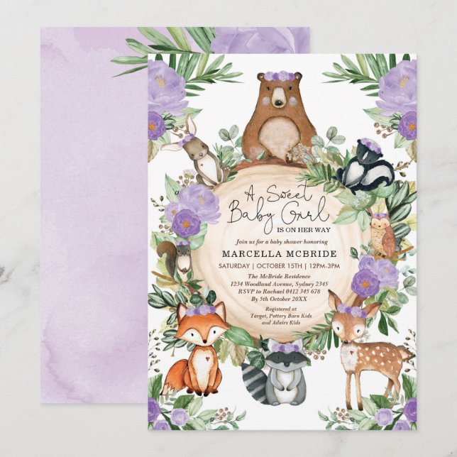 Invitation Sweet Baby Girl Purple Floral Woodland Douche (Devant / Derrière)