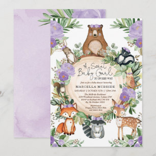 Invitation Sweet Baby Girl Purple Floral Woodland Douche