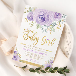 Invitation Sweet Baby Girl Purple Gold Floral Douche