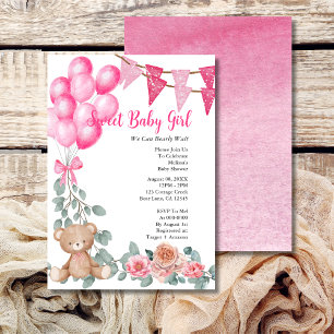 Invitation Sweet Baby Girl rose Balloon Baby shower vert