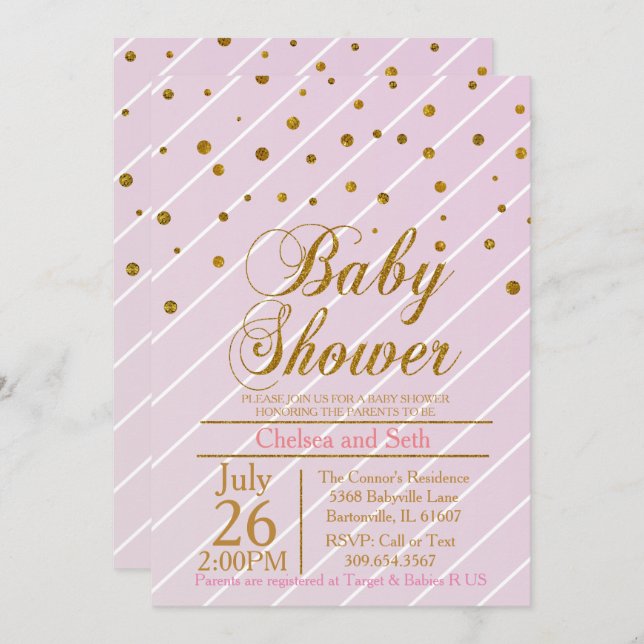 Invitation Sweet Baby Girl Rose & Gold Confetti | BABY SHOWER (Devant / Derrière)