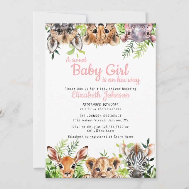 Invitation Sweet Baby Girl Safari Animaux Baby shower (Devant)