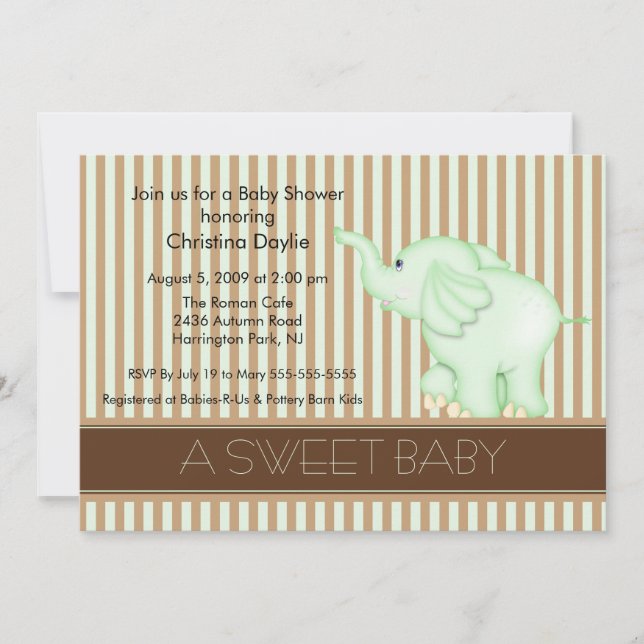 Invitation Sweet Baby Green & Brown Elephant Baby shower (Devant)