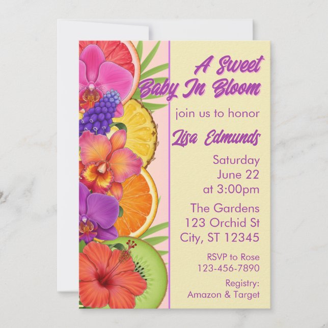 Invitation Sweet Baby in Bloom, flowers & fruit baby shower (Devant)