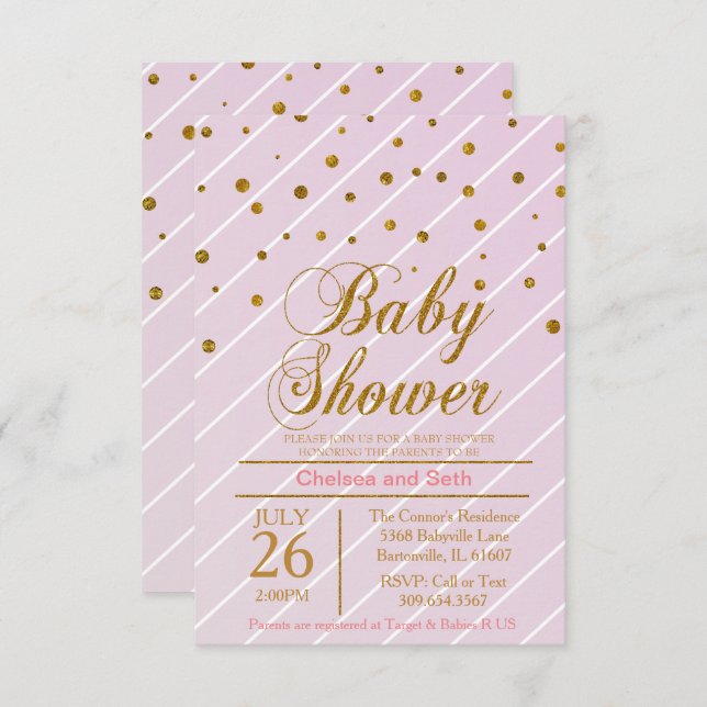 Invitation Sweet Baby Pink & Gold Confetti | BABY SHOWER (Devant / Derrière)