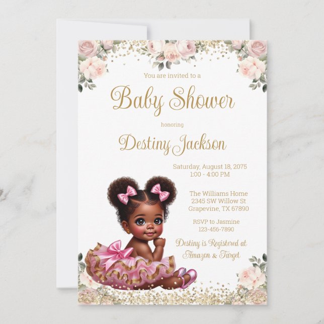 Invitation Sweet Baby Pink Tutu Rose Pink Gold Baby shower (Devant)