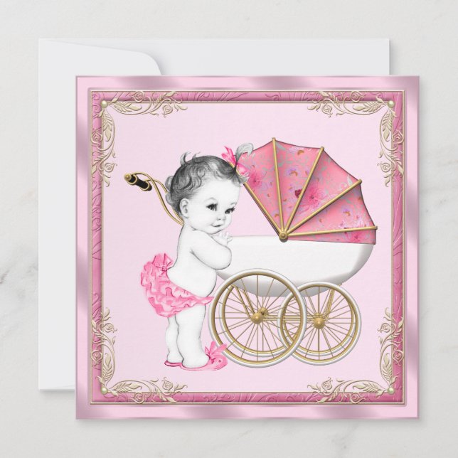 Invitation Sweet Baby Pram rose et or Baby Girl Douche (Devant)