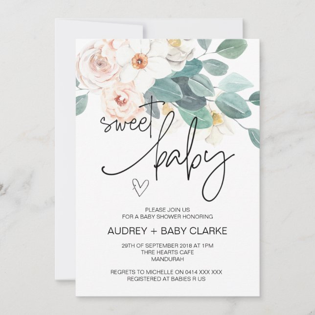 Invitation Sweet Baby shower Party Blush Floral (Devant)