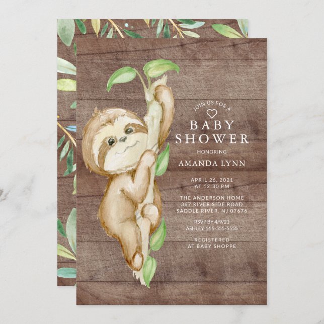 Invitation Sweet Baby Sloth Baby shower (Devant / Derrière)